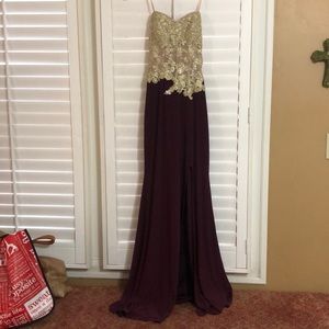 Strapless gold and burgundy prom dress